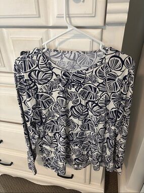 Lands' End Navy and White Leaf-Print Long Sleeve Tee